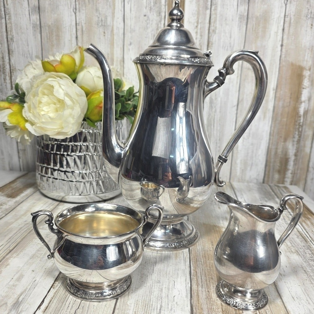 International Silver Camille Silverplate Coffee Pot Sugar Bowl Creamer 3pc Set - Picture 2 of 16